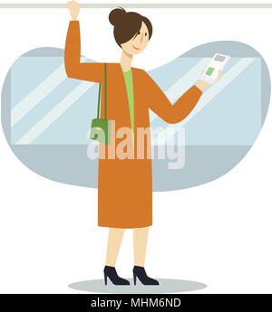 Frau Charakter mit Smartphone im öffentlichen Verkehr. Vektor flachbild Cartoon Illustration Stock Vektor