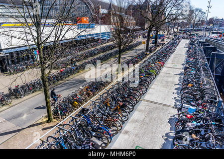 Hunderte von Fahrrädern im Fahrrad Parks, stationsplein, Amsterdam, Niederlande, Europa geparkt. Stockfoto