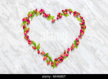 Herz aus getrockneten Rosen und grünen Blättern, auf Marmor Hintergrund. Stockfoto