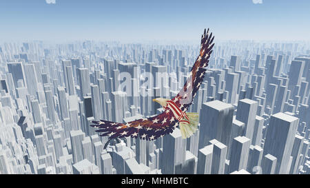 Adler fliegt über futuristische Megalopolis. 3D-Rendering Stockfoto