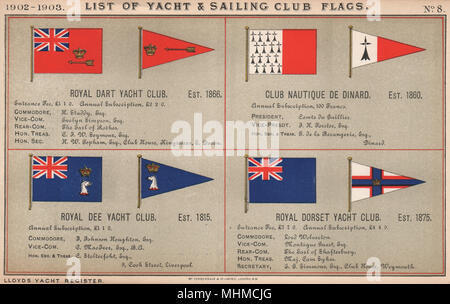 ROYAL YACHT/SEGELN CLUB FLAGS. Dart. Club Nautique de Dinard. Dee. Dorset 1902 Stockfoto