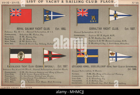 ROYAL YACHT/SEGELN CLUB FLAGS. Galway. Gibraltar. Kaiserlicher. Göteborg 1902 Stockfoto