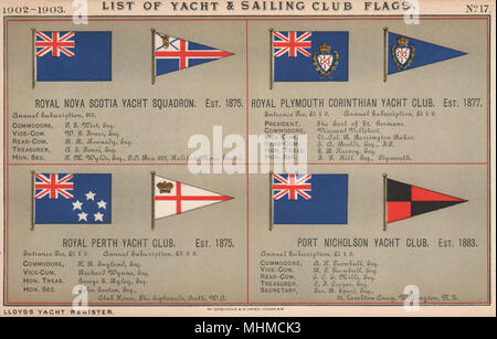 ROYAL YACHT/SEGELN CLUB FLAGS Nova Scotia. Plymouth. Perth. Port Nicholson 1902 Stockfoto