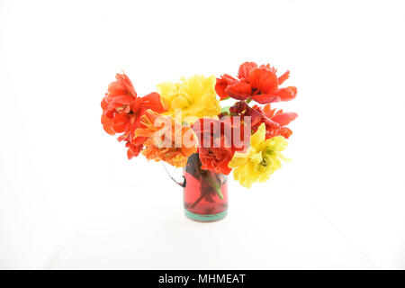 Vase oder Kanne mit Pfingstrose Tulip Blumen Stockfoto