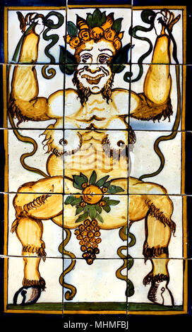 Pan oder Silen 1650-1675 18. Portugiesische Azulejo-blauen Kacheln, Portugal (Griechische Mythologie, Pan ist der Gott der Wilden, Hirten und Herden, die Natur der Berge Wilds, rustikalen Musik und Impromptus und Begleiter der Nymphen. (Silen ein Begleiter und Lehrer zu der Wein Gottes Dionysos. ) Stockfoto