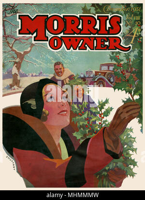 Vordere Abdeckung des Morris Eigentümer Magazin mit einer Familie, die in den Schnee fahren Holly für ihre Weihnachtsdekorationen zu sammeln. Datum: 1931 Stockfoto