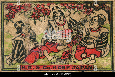 Altes japanisches Matchbox-Label und drei Männer und Kirschblüten Stockfoto