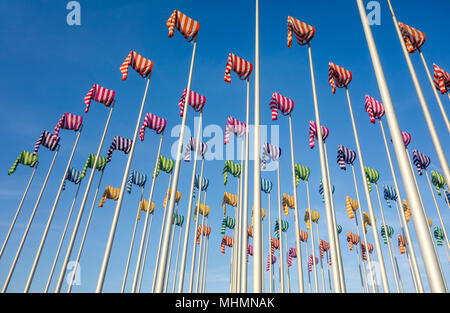 Artwork Le vent Souffle où il Veut von Künstler Daniel Buren, hundert Flagge Polen mit bunten Windsäcke/Windspiele in Nieuwpoort/Nieuport, Westflandern, Belgien Stockfoto