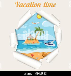 Ferienhäuser Konzept Insel durch gerissene Loch im Papier Stock Vektor