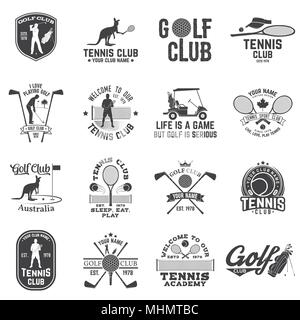 Eingestellt von: Golf Club, Tennis club Konzept mit Golfspieler und tennis player Silhouette. Vektor Golf und Tennis Club retro Abzeichen. Konzept für Shirt, Drucken, Stock Vektor