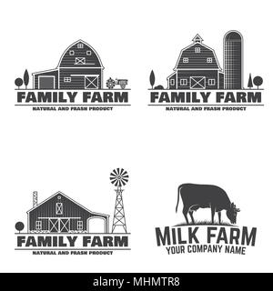 Family Farm und Milch Bauernhof Abzeichen oder Etiketten. Vector Illustration. Vintage Typografie Design mit Kuh und Farm Barn Silhouette. Elemente auf das Thema der landwirtschaftlichen Unternehmen. Stock Vektor