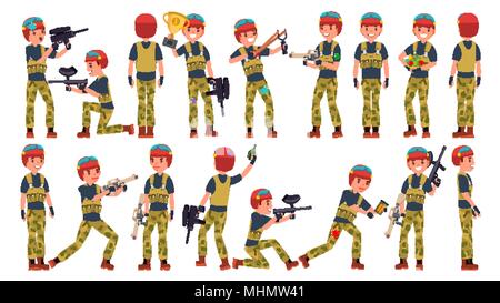 Paintball Spieler Vektor. Professionelle Gamer. Helle Flecken. Uniform. Wettbewerbe. Paintball Waffe. Man Paintball Spieler. Flache Cartoon Illustration Stock Vektor