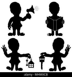 Silhouette von vier Mann verschiedene Situationen, konzeptionelle Cartoon schwarz Schablone Vector Illustration für adverting Stock Vektor