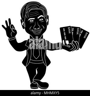 Lächelnd und fröhlicher Mann hält Kreditkarten, cartoon Schablone Vector Illustration Stock Vektor