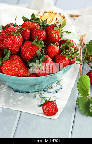 Frische reife Erdbeeren in eine schöne blaue Schale mit selektiven Fokus und extrem geringe Tiefenschärfe. Stockfoto