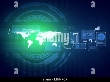 Abstrakte Zukunft, Konzept Business Technology Abbildung, futuristische blaue Virtuelle grafischen Touchscreen mit Benutzeroberfläche. HUD. Helles grünes Licht s Stockfoto