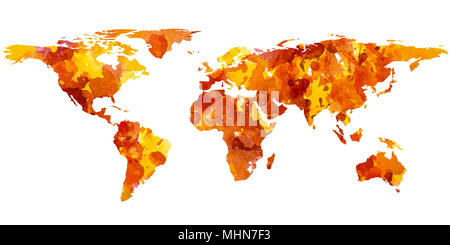 2d Hand gezeichnet Abbildung der Weltkarte. Rot Gelb splash Aquarell isoliert Erde. Kontinente. Weißer Hintergrund. Stockfoto