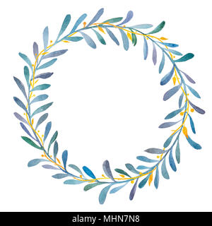Hand gezeichnet Aquarell Abbildung: blaue Oliven Kränze mit goldenen Zweig. Runde grafische Elemente für Hochzeit Branding, Einladungen, gift card. Stockfoto
