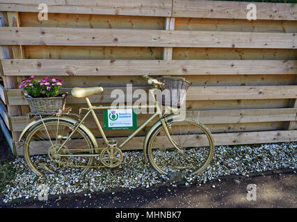 Eine Schottland schöne Fahrrad mit Blume Anzeige steht auf dem Laufenden hielten gegen einen Holzzaun in das kleine Quadrat in Haven Village. Angus, Schottland Stockfoto