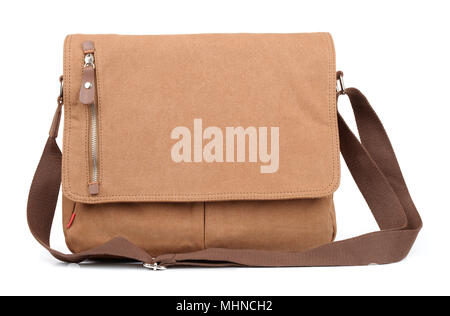 Vorderansicht des Canvas Schultertasche isoliert auf weißem Stockfoto