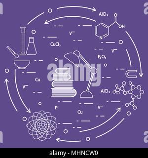 Wissenschaft, Bildung Elemente. Tischleuchte, Bücher, Flasche, Becher, Mörser, Mörser, Kristallgitter, Molekül, Magnet, Atomkern. Stock Vektor