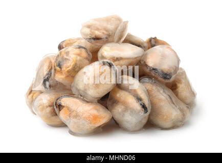 Haufen von eingefrorenem gekochten Muschel Fleisch isoliert auf weißem Stockfoto