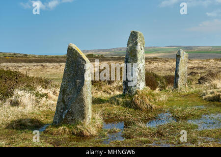 Neun Mädchen Bronzezeit Steinkreis auch als Boskednan Steinkreis oder neun Steine von Boskednan bekannt. In der Nähe von Männern eine Tol durchlöcherte Stein in Cornwall, Großbritannien Stockfoto