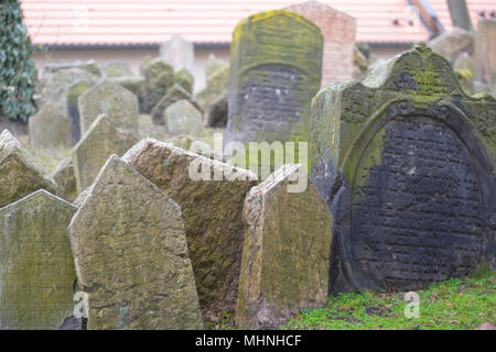 Die 12.000 Grabsteine auf dem Alten Jüdischen Friedhof in Prag zerbröckeln und mit Efeu, gestürzt und zusammengefasst. Stockfoto