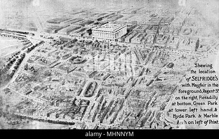 Luftaufnahme von Kaufhaus Selfridges, London, mit Mayfair im Vordergrund, Regent Street, Piccadilly an der Unterseite, und Green Park, Hyde Park und Marble Arch auf der linken Seite. Datum: ca. 1918 Stockfoto