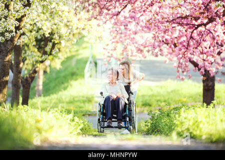 Ältere Großmutter im Rollstuhl mit Enkelin im Frühjahr die Natur. Stockfoto