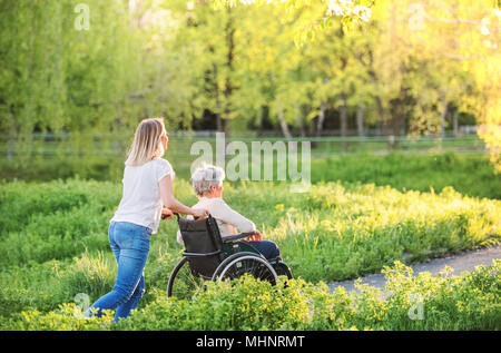 Ältere Großmutter im Rollstuhl mit Enkelin im Frühjahr die Natur. Stockfoto