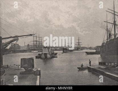 Importieren der West India Docks. London. Ports 1896 alte antike Bild drucken Stockfoto