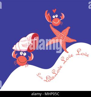 Helle Grußkarte mit Krabben in Liebe auf blauem Hintergrund Stock Vektor