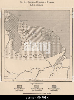 Die politischen Spaltungen von Guyana. Französisch Niederländisch britischen Brasilien Venezuela 1885 Karte Stockfoto