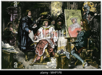 Heiligen Römischen Kaiser Maximilian I. im Hochformat Albrecht Dürer's Studio. Hand - farbige Holzschnitt Stockfoto