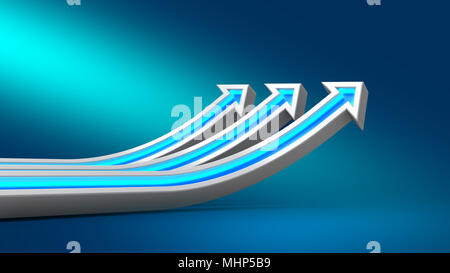 3D-rendering Leuchtreklame von Pfeilen finanzielles Wachstum auf blauem Hintergrund. Für die Gestaltung von Präsentationen. Trend Zeichen Stockfoto