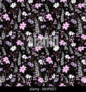 Nahtlose Muster wind Blumen, auf Farbe Schwarz isoliert. Botanische Blumenschmuck Textur. Vintage Style Design für Stoff drucken, Hintergrund. Stock Vektor