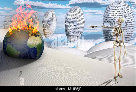 Surreale Weiße Wüste. Abbildung des Menschen in der Ferne. Masken schwebt in den Himmel. Brennende Kugel. Skelton. Stockfoto