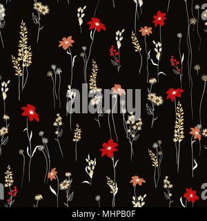 Nahtlose Muster wind Blumen, auf Farbe Schwarz isoliert. Botanische Blumenschmuck Textur. Vintage Style Design für Stoff drucken, Hintergrund. Stock Vektor