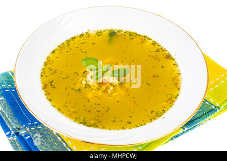 Babynahrung. Hühnersuppe mit Nudeln. Studio Foto Stockfoto