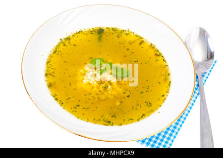 Babynahrung. Hühnersuppe mit Nudeln. Studio Foto Stockfoto