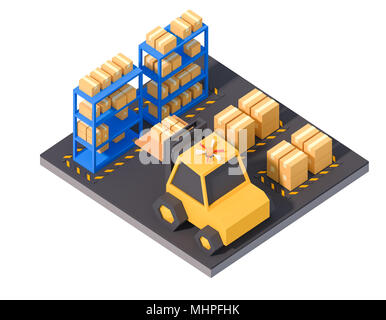 Lagerung Produkt logistische Operation isometrische lowpoly Kunst werk Produktion Linie auf weißem 3D-Render isoliert. Stockfoto