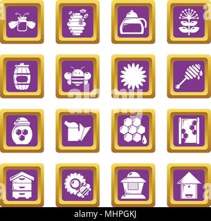 Imkerei Honig Icons Set lila Quadrat Vektor Stock Vektor