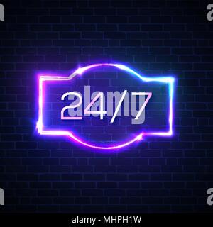 Zeichen 24 7 Stunden geöffnet. Neon Licht rund um die Uhr lagern Rahmen auf Mauer Hintergrund. 24 Stunden night club oder bar neon Schilder. Tag und Nacht Konzept Banner. Helle farbe techno Vector Illustration. Stock Vektor