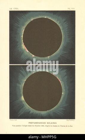 Die Astronomie. Protuberanz während der totalen Sonnenfinsternis vom 18. Juli 1860. Farbe Litho 1877 Stockfoto