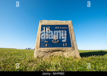 T-Stück Kasten auf Loch 18, Tom Morris, am Old Course in St Andrews, Fife, Schottland, Großbritannien. Stockfoto