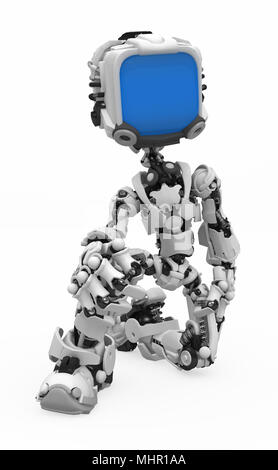 Kleine 3d-Roboter Abbildung auf einem Knie, über Weiß, isoliert Stockfoto