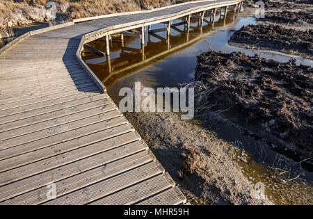 Holz- brücke über den trockenen See Stockfoto