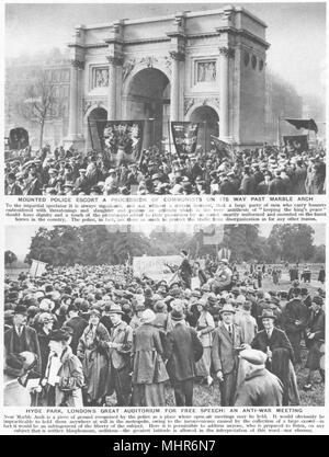 HYDE PARK Speakers Corner. Polizeieskorte Kommunisten Marble Arch; Anti-Krieg mtg 1926 Stockfoto