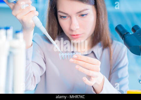 Technikerin mit Pipette in Kop für DNA die gerichtliche Prüfung Stockfoto